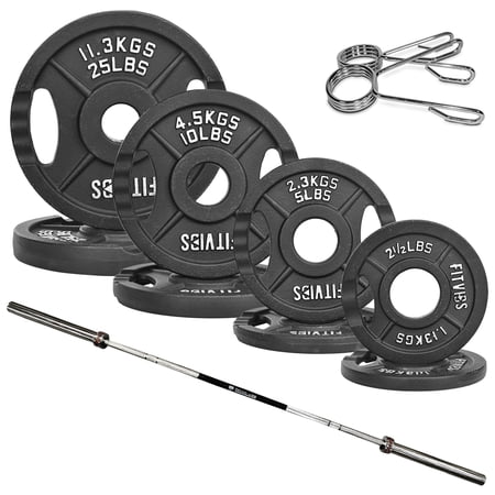 FlexWave 2-Inch Cast Iron Weight Plate Set with 7FT Olympic Barbell and A pair of Clips, 85LB Weight Plate Set Options, for Home Gym Strength Training & Weightlifting