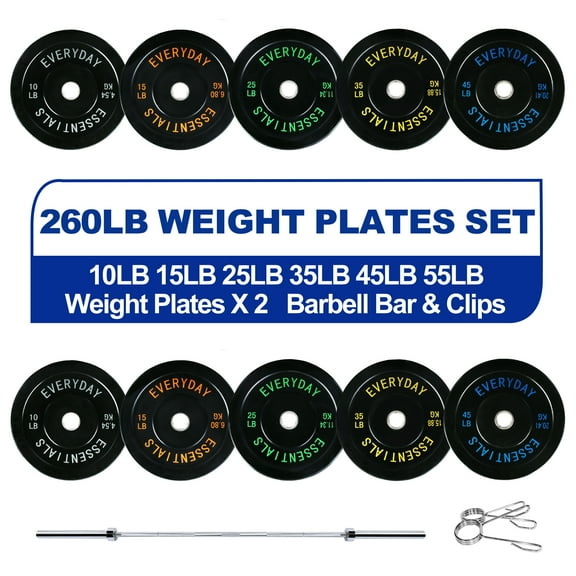 BalanceFrom 2" Rust-Resistant Olympic Bumper Plate with 7ft Barbell, Black, 370 lb, 12 Count