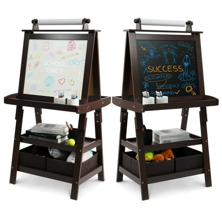 BalanceFrom 3 in 1 Kid Art Easel, Double-Sided Wooden Easel Chalkboard, Magnetic Whiteboard & Paper Roll, Standing Easel w/ 2-Tier Rack & 2 Storage Boxes, Children Easel for Kid, Boys, Girls, Coffee