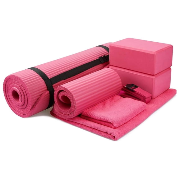 BalanceFrom Complete 7-Piece Yoga Set with 71” x 24” x 0.5” Extra Thick Mat, Pink
