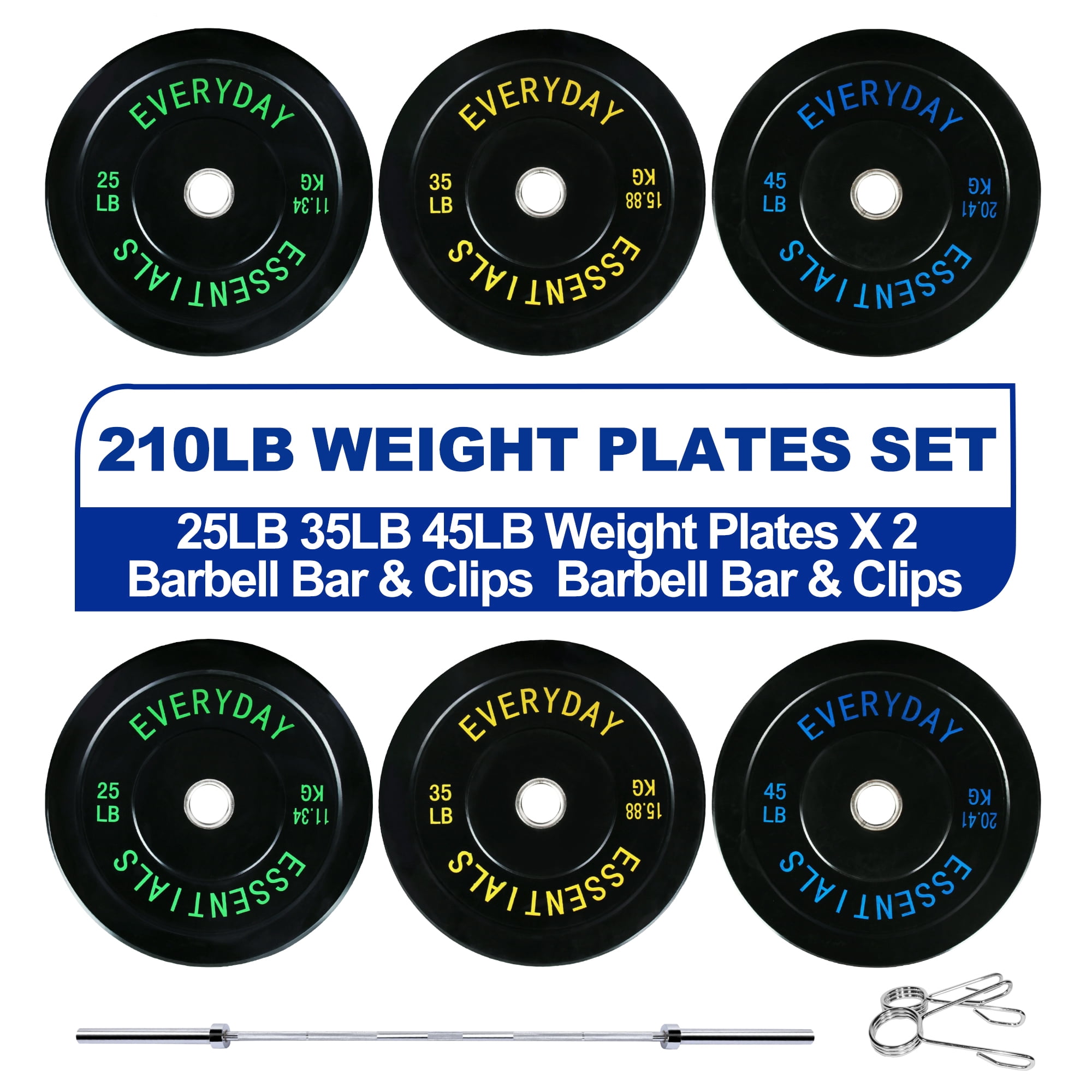 BalanceFrom Olympic Bumper Plate Weight Plate with Steel Hub, Black, 210 lbs Set with 6FT Olympic Barbell and Clips, Multiple Packages