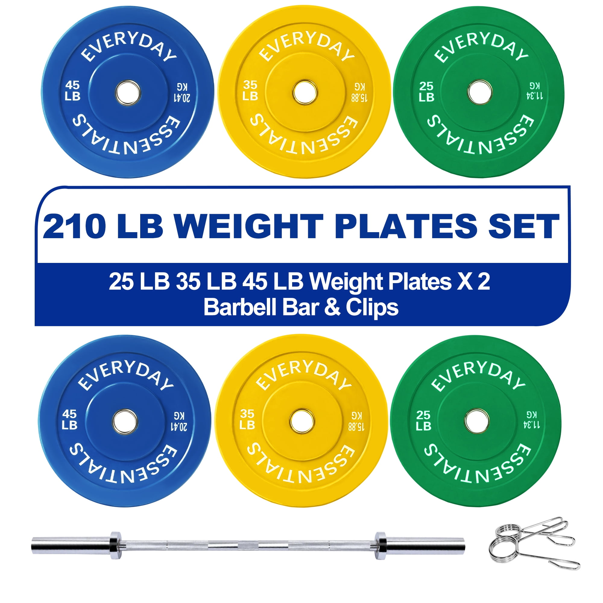 BalanceFrom Olympic Bumper Plate Weight Plate with Steel Hub, Color Coded, 210 lbs Set with 6FT Olympic Barbell and Clips, Multiple Packages