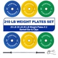 thumbnail interactive-video image 1 of BalanceFrom Olympic Bumper Plate Weight Plate with Steel Hub, Color Coded, 210 lbs Set with 6FT Olympic Barbell and Clips, Multiple Packages, 1 of 14