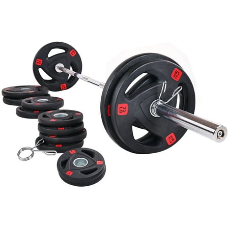 BalanceFrom Cast Iron Olympic Weight Including 7FT Olympic Barbell and Clips, 300-Pound Set (255 Pounds Plates + 45 Pounds Barbell), Multiple Packages