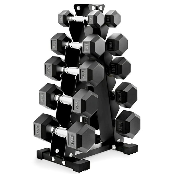 BalanceFrom 150 lb Rubber Coated Iron Dumbbell Hex Weights Set with A-Frame Rack, Black