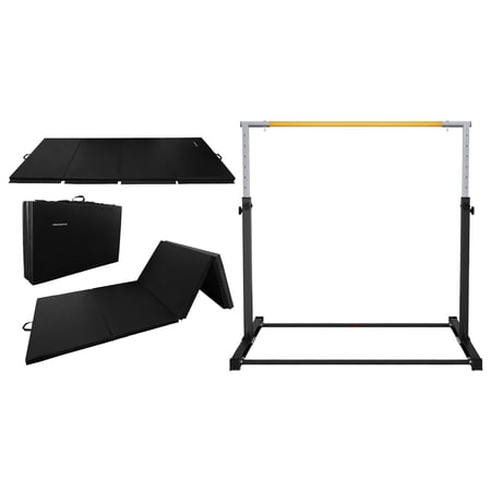 BalanceFrom 10ft x 4ft x 2in 4-Panel Folding Mat with Gymnastics Bar Set, Black
