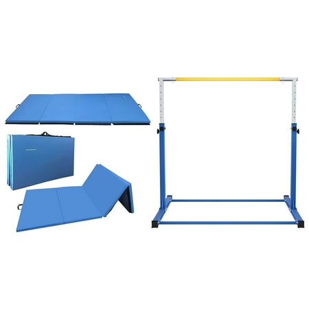 BalanceFrom 10ft x 4ft x 2in 4-Panel Folding Mat with Gymnastics Bar Set, Blue