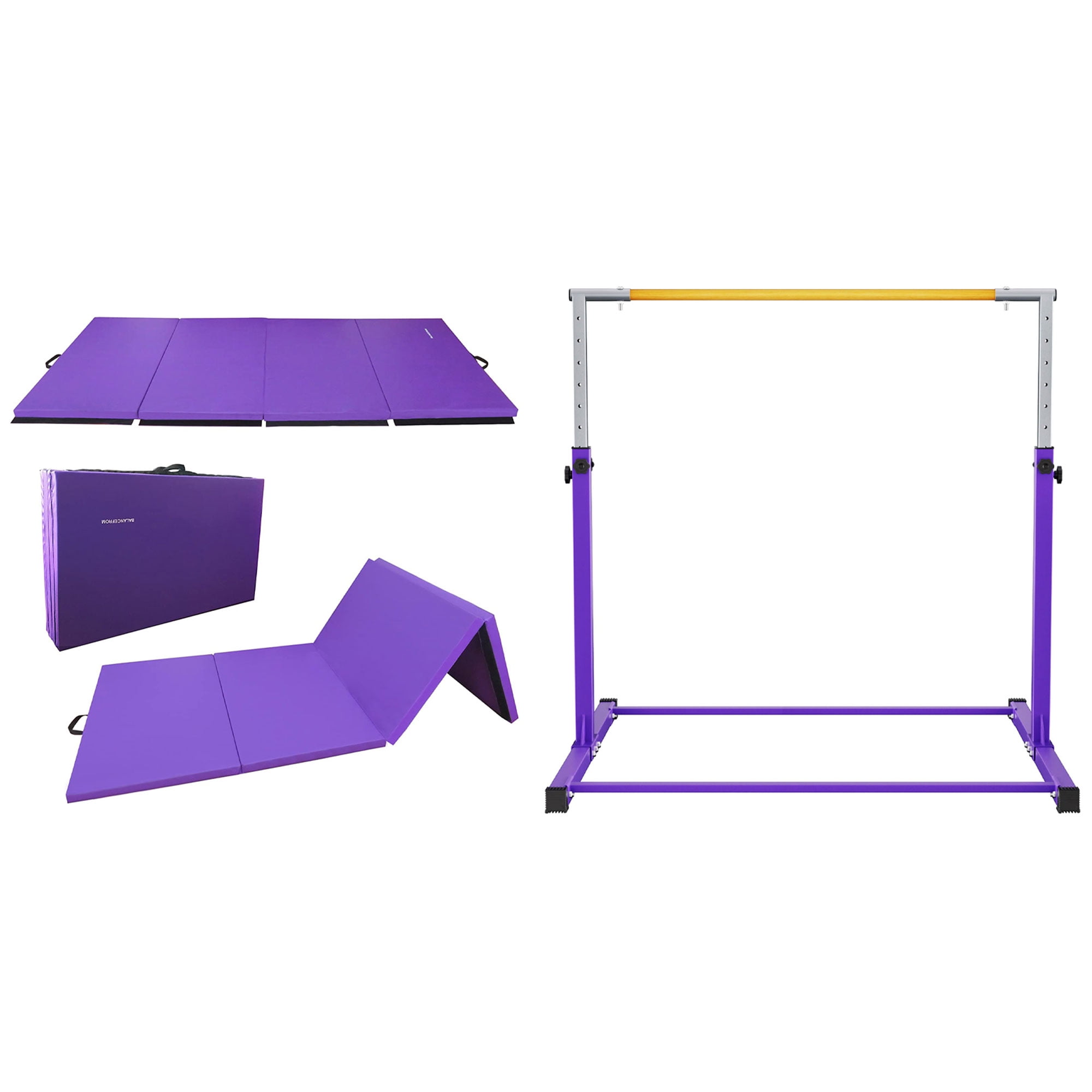Purple Adjustable Steel Gymnastics Bar with Folding Mat Set