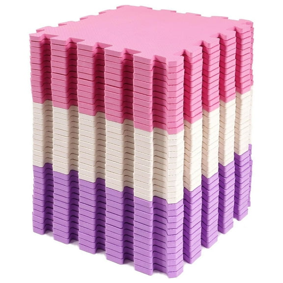 BalanceFrom 16-Pack 12”x12” Interlocking Puzzle Play Mat, 0.4” Thick, Pink/Purple/Beige