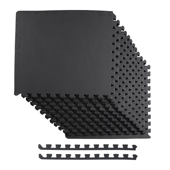 BalanceFrom 12-Pack 24”x24” Interlocking Foam Puzzle Exercise Mat, 1/2” Thick, Black