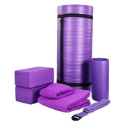 BalanceFrom Fitness 7 Pc Yoga Set w/ Mat, Stretch Strap, & Knee Pad, Purple