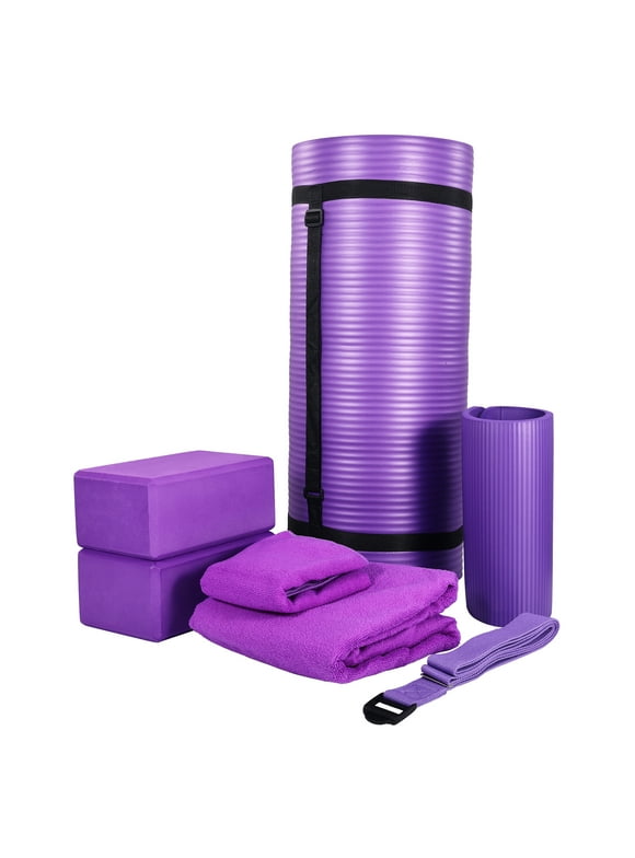 BalanceFrom Fitness 7 Pc Yoga Set w/ Mat, Stretch Strap, & Knee Pad, Purple