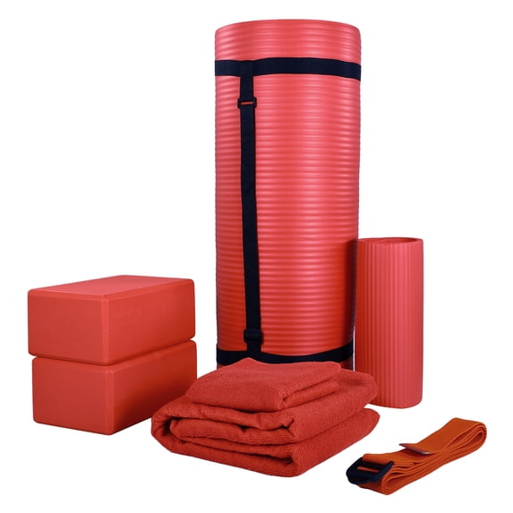 BalanceFrom Fitness 7 Pc Yoga Set w/ Mat, Stretch Strap, & Knee Pad, Red