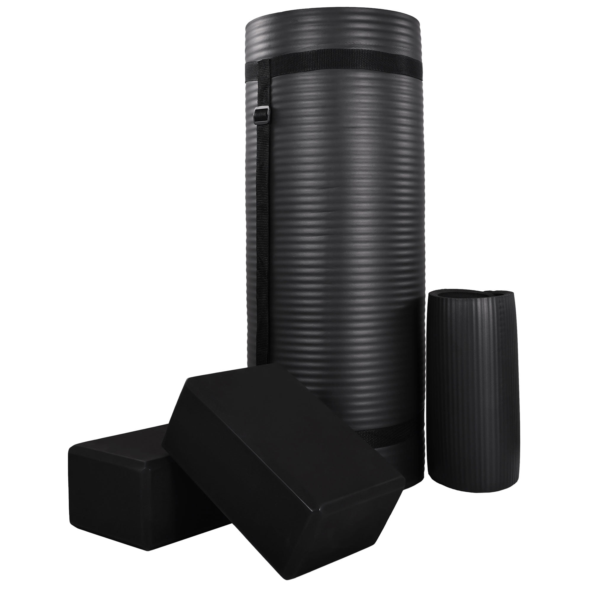 Black High-Density Foam Yoga Mat Set with Knee Pad and Blocks