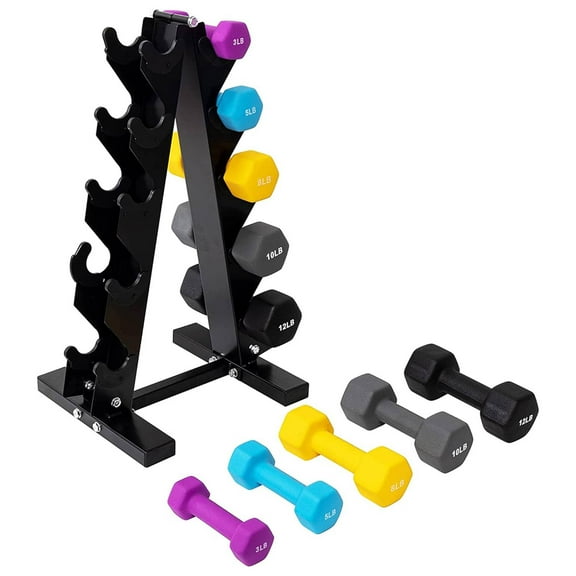 BalanceFrom 76 lb Neoprene Coated Iron Dumbbell Hex Weights Set with Stand, Color-Coded