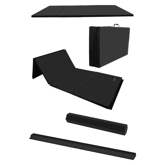 BalanceFrom 6ft x 4ft x 2in 4-Panel Folding Gymnastics Mat with 8ft Balance Beam, Black
