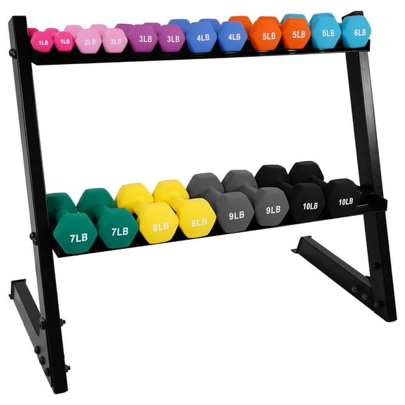 BalanceFrom 110 lb Neoprene Coated Iron Dumbbell Hex Weights Set with Stand, Color-Coded
