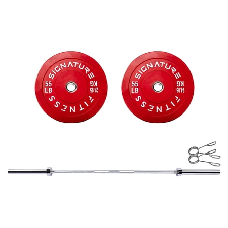 BalanceFrom Olympic Barbell Weight Set – Pair of 35LB Yellow & 55LB Red Color Rubber Bumper Plates with 5FT Straight Bar, 2-Inch Hole