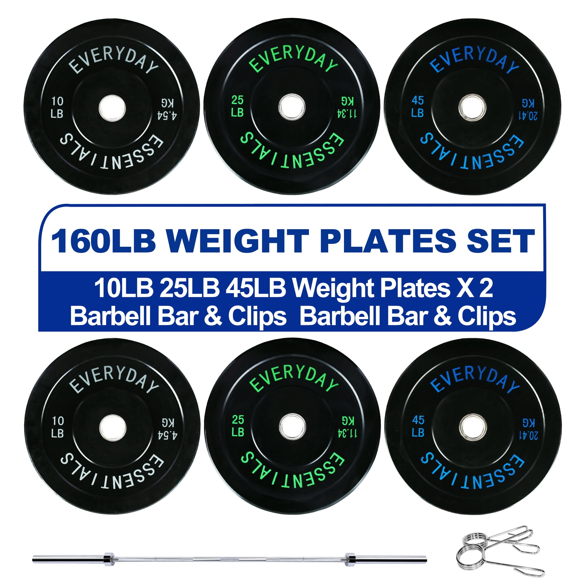 BalanceFrom Olympic Bumper Plate Weight Plate with Steel Hub, Black, 160 lbs Set with 6FT Olympic Barbell and Clips, Multiple Packages
