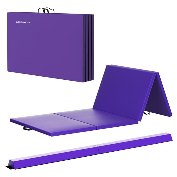 BalanceFrom All Purpose 4'x10'x2" Extra Thick High Density Anti Tear Gymnastics Gym Folding Exercise Aerobics Mats w/Sectional Floor Balance Beam, Purple