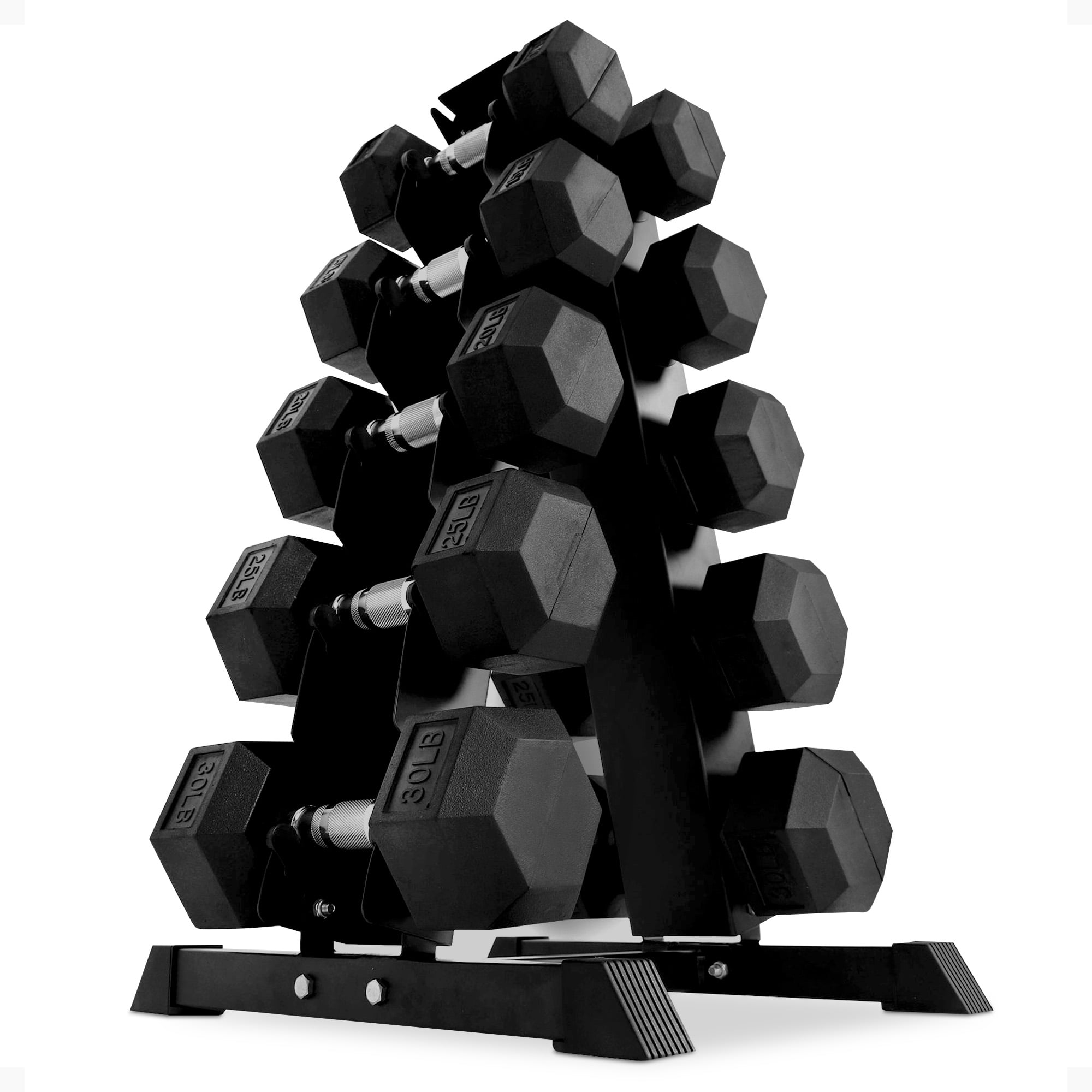 BalanceFrom Rubber Coated Iron Dumbbell Hex Weights Set with A-Frame Rack, Black