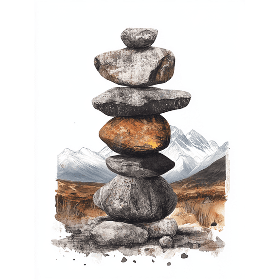 Balanced Rocks Stack Watercolor Canvas Print Suitable for Living Room Bedroom Office Yoga Studio and Meditation Room Decoration.