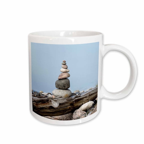 3drose, Balanced Stone Cairn on Driftwood with Blue Sky, 11oz Mug