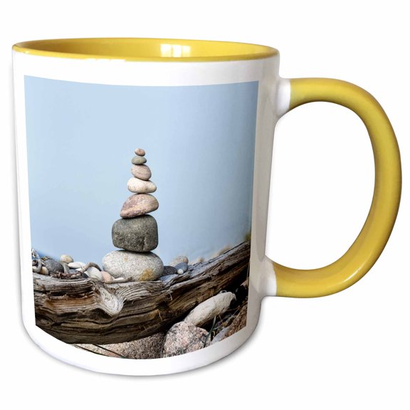 3drose, Balanced Stone Cairn on Driftwood with Blue Sky, 11oz Two-tone Yellow Mug