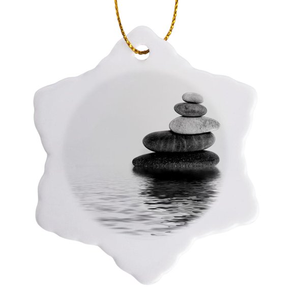 3drose, Balanced Stone Cairn Zen Style in Water, 3 inch Snowflake Porcelain Ornament