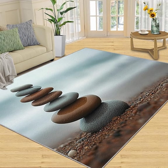 Balanced Stone Rugs for Bedroom, Hand-Painted Pebbles Area Rug, Landscape Photo Rugs for Living Room, Indoor Non-Slip Rug, Machine Washable Carpet for Front Entrance Floor Decor 5 x 8ft