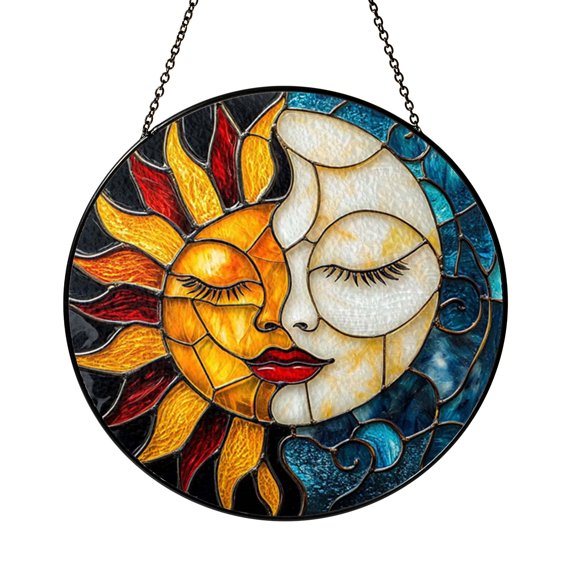 Balanced Sun and Moon Expression Stained Glass Style Round Window Suncatcher Decor, Cosmic Art Gift