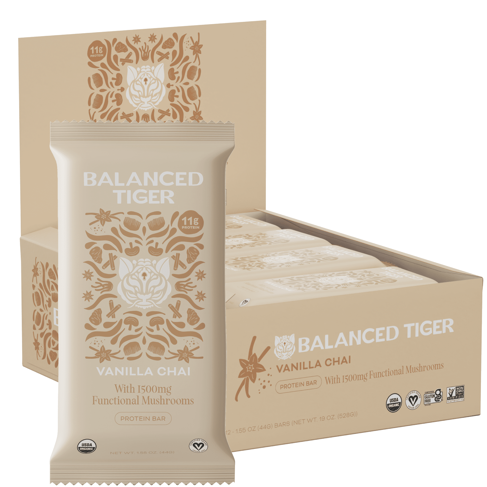 Balanced Tiger Protein Bar, Vanilla Chai, 12 Bars, 1.55 oz (44 g) Each