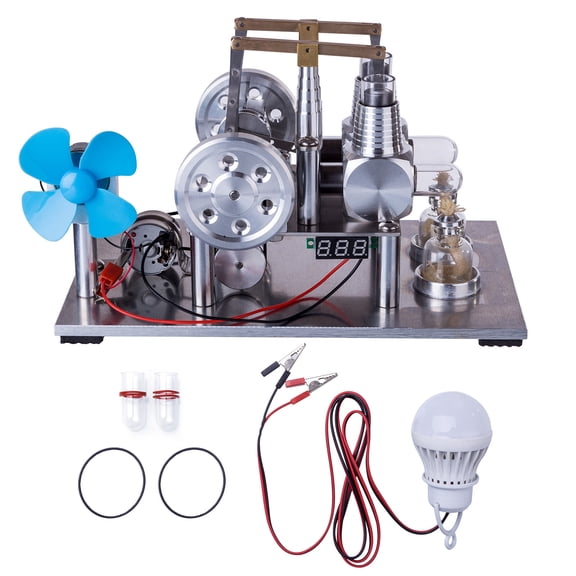 Balanced Two Cylinder Hot Air Stirling Engine Generator Model with Fan, Voltage Meter & Bulb - Science Experiment Educational Demonstration for Adults