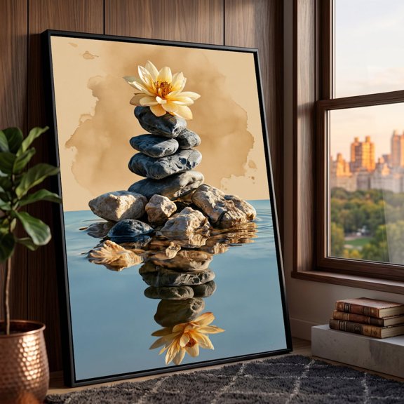 Balanced Zen Stones With Yellow Lotus Flower Art Tranquil Water Reflection Wall Art Meditation Decor Spa Room Art Art, Unframed Paper Print