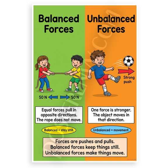 Balanced and Unbalanced Forces Educational Science 12x18 US Made Poster