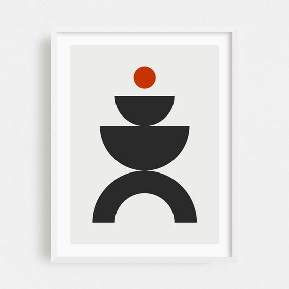 Balanced geometric shapes - Illustration Geometric Minimalist Abstract Modern Art Mid-Century Modern Bauhaus Black and White White Framed Wall Art Print 12 x 16 inches