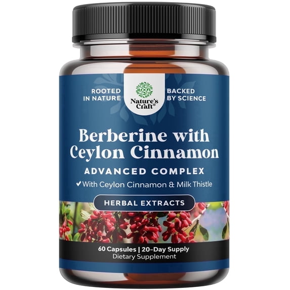 Natures Craft 1200mg Berberine Supplement with Ceylon Cinnamon and Milk Thistle, 60 Capsules