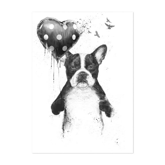 Balazs Solti - my_heart_goes_boom - Illustration Dog Animal Black and White Modern Art Humor Whimsical Unframed Wall Art Print 20 x 28 inches