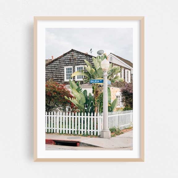 Balboa Ave - Newport Beach California Photography Beach House Coastal Architecture Tropical Street Photography Botanical Rustic Oak Framed Wall Art Print 5 x 7 inches