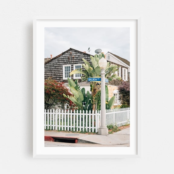 Balboa Ave - Newport Beach California Photography Beach House Coastal Architecture Tropical Street Photography Botanical Rustic White Framed Wall Art Print 5 x 7 inches