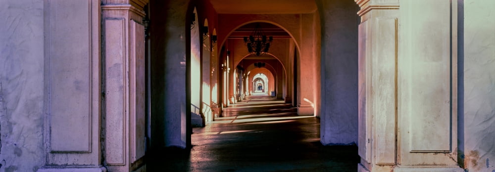 Balboa Park arched Hallway San Diego California USA Canvas Art - Panoramic Images (7 x 18)