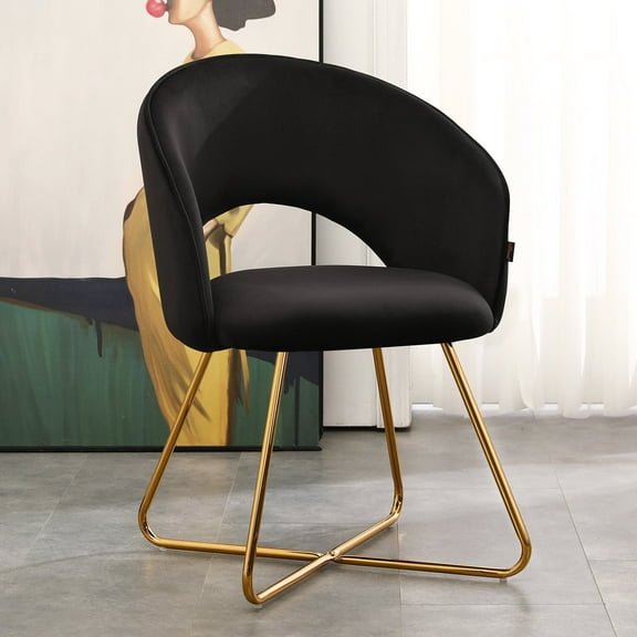 Falvinoryn Modern Accent Chair, Upholstered Velvet Vanity Chair, Lounge Armchair with Golden Metal Legs for Living Room & Adult, Balck