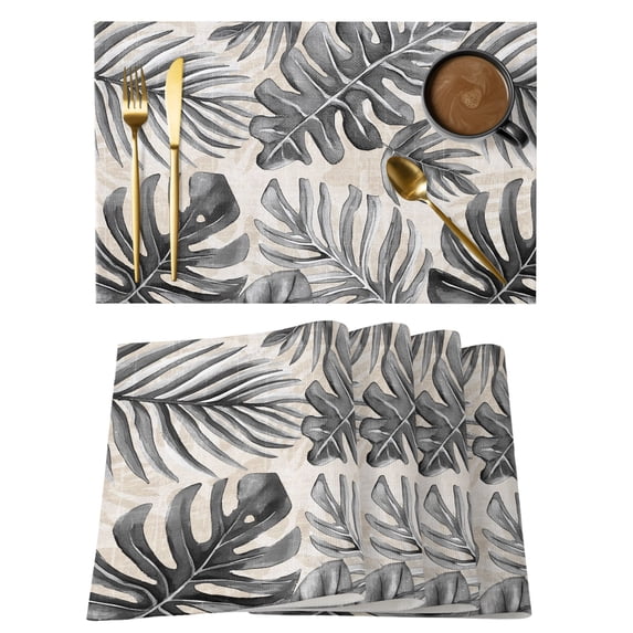 Balck Monstera Deliciosa Placemats Set of 2 Summer Botanical Tropical Vintage Place Mats Indoor Wipeable Table Mats Washable Cloth Dining Table Placemats for Kitchen Holiday Party Decor 13x19 Inch
