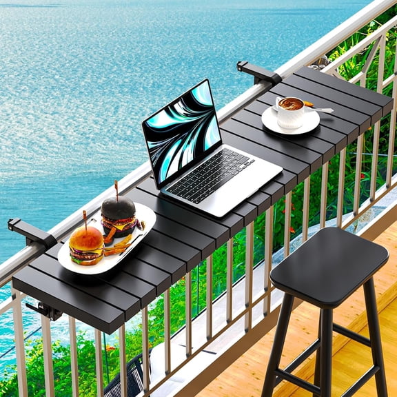 Adjustable Galvanized Iron Balcony Railing Bar Table, Heavy Duty Hanging Patio Side Table Holds 110 Lbs, Fits Top Rail Within 4.4 Inch for Outdoor Balcony Patio
