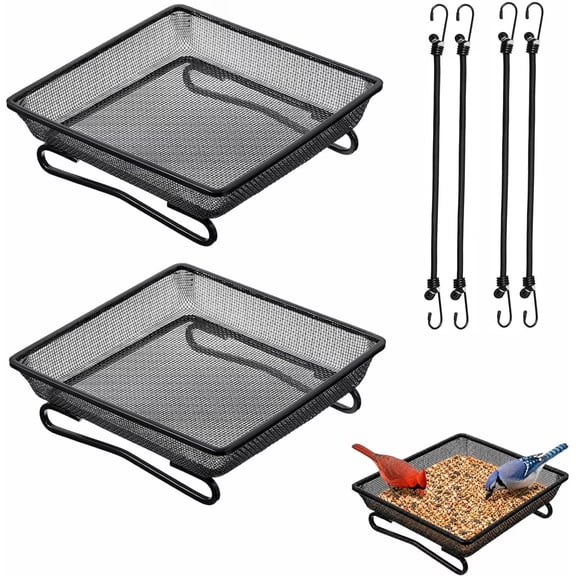 Balcony Bird Feeder Metal Mesh Platform Tray Deck Railing Bungee Secure Outdoor Feeding Station for Birds Patio Porch Garden Use