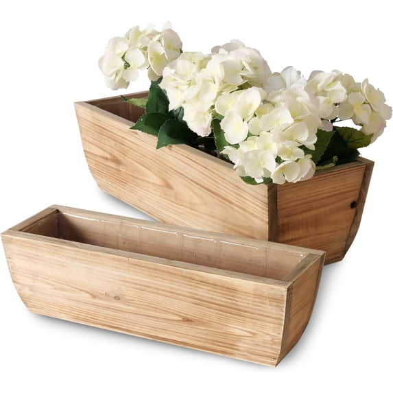 Balcony Box Planters, Set of 2, Rectangular, Plastic Lined, Fir Wood, 21.75 and 15.75 Inches, Nesting