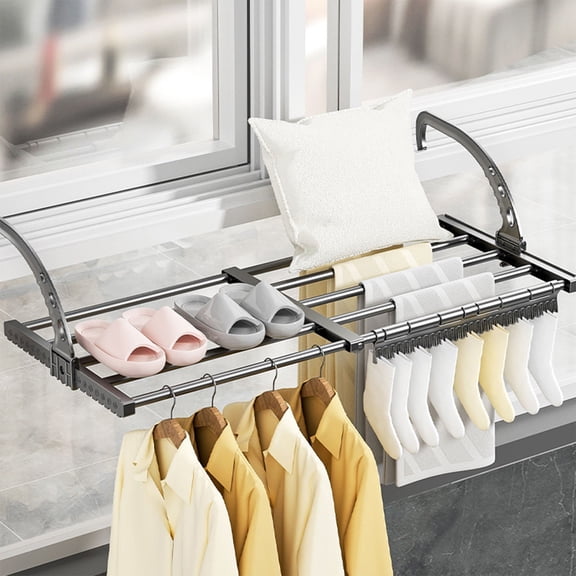 Balcony Drying Rack Retractable Clothes Drying Rod for Window Guardrail - Space Saving Laundry Hanger for Towels Shoes Socks - Portable Collapsible Drying Rack for Home Bathroom Travel
