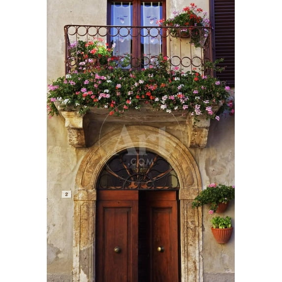 Balcony Flowers and Doorway in Pienza Tuscany Italy, Unframed Photo Wall Art by Julian Castle Sold by Art.Com