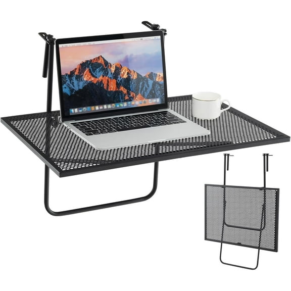Balcony Hanging Table for Railing, Outdoor Metal Folding Deck Bar Table with Adjustable Hooks, Black