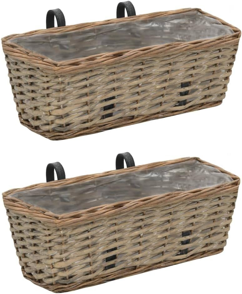 Rustic Wicker Balcony Planters with PE Lining, Set of 2